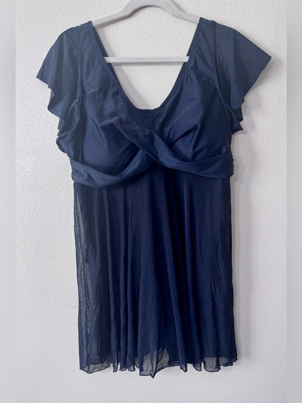Women’s 4XL Navy Blue Flutter Sleeve Mesh Swim Dress One Piece Swimsuit